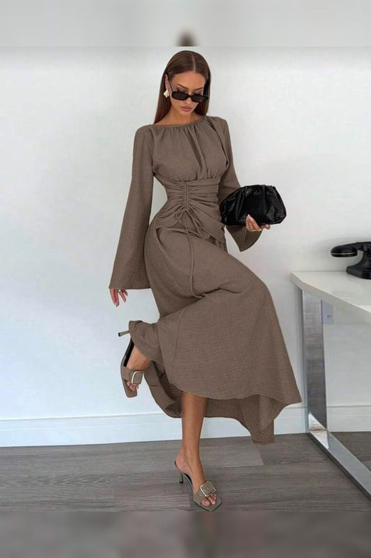Midi Dress Women - Draped Midi Dress with Long Sleeves and Gathered Waist