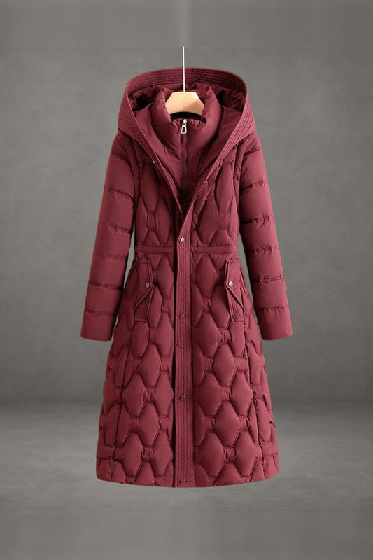 Coat Women - Longline Hooded Puffer Coat with Quilted Panels