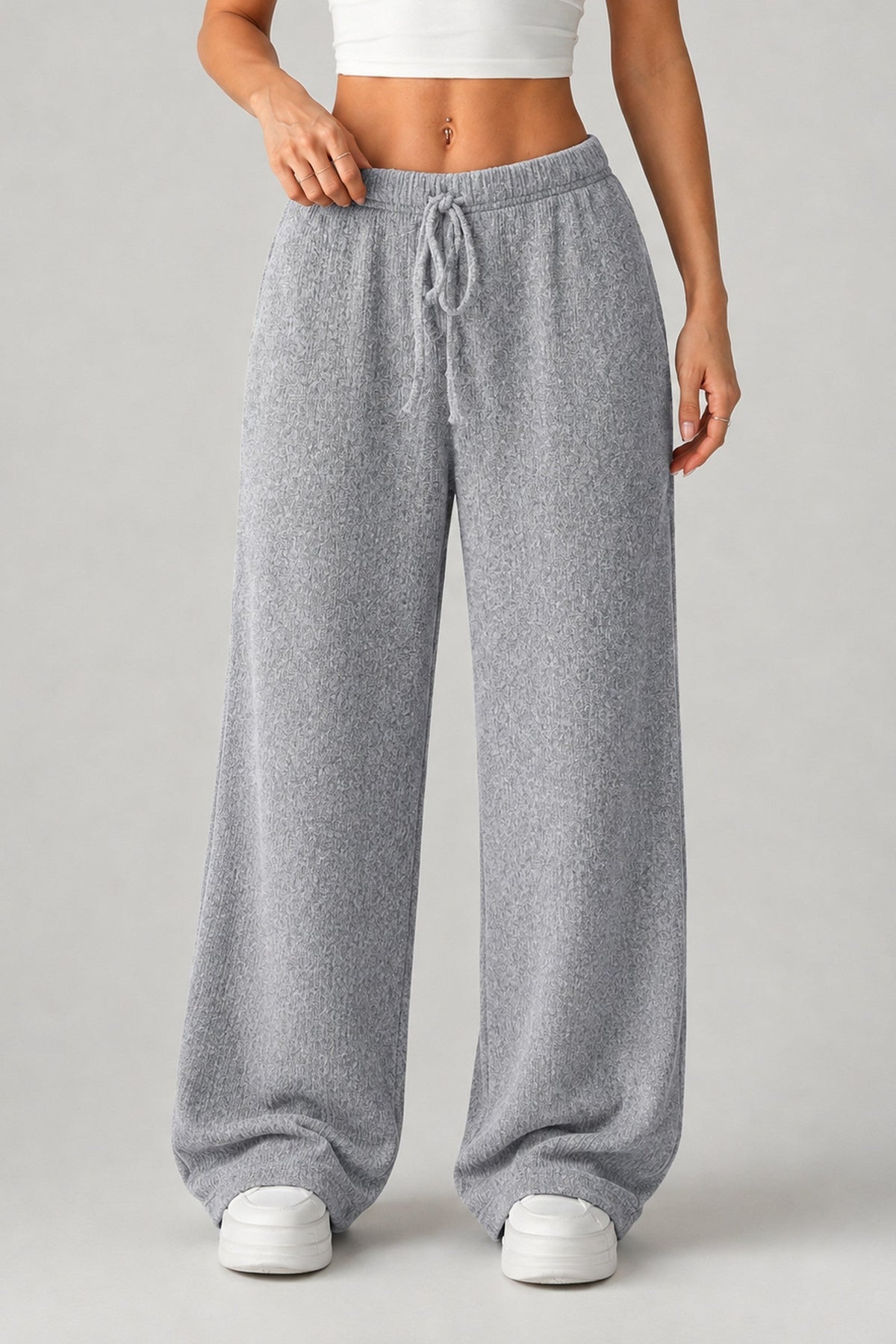 Trousers Women - Knitted Wide Leg Trousers with Drawstring Waist