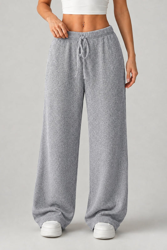 Trousers Women - Knitted Wide Leg Trousers with Drawstring Waist