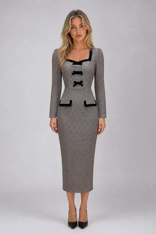 Midi Dress Women - Check Midi Dress with Square Neckline and Bow Detail