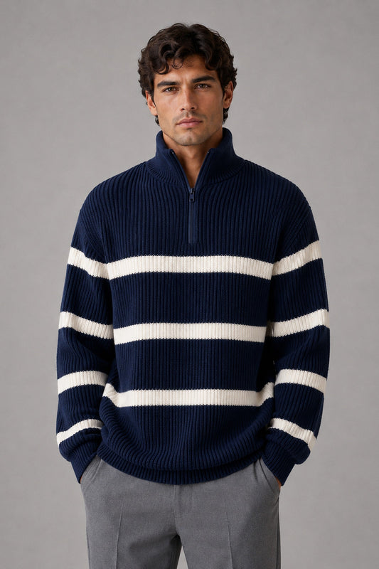 Jumper Men - Striped Half Zip Jumper with Ribbed Knit