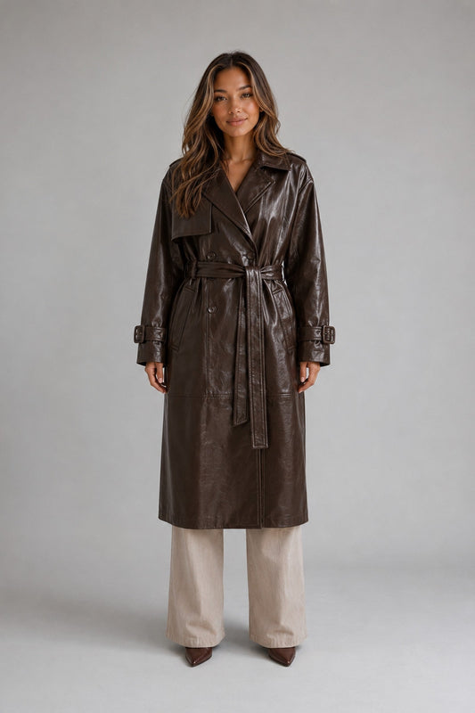 Trench Coat Women - Leather Look Trench Coat with Waist Belt