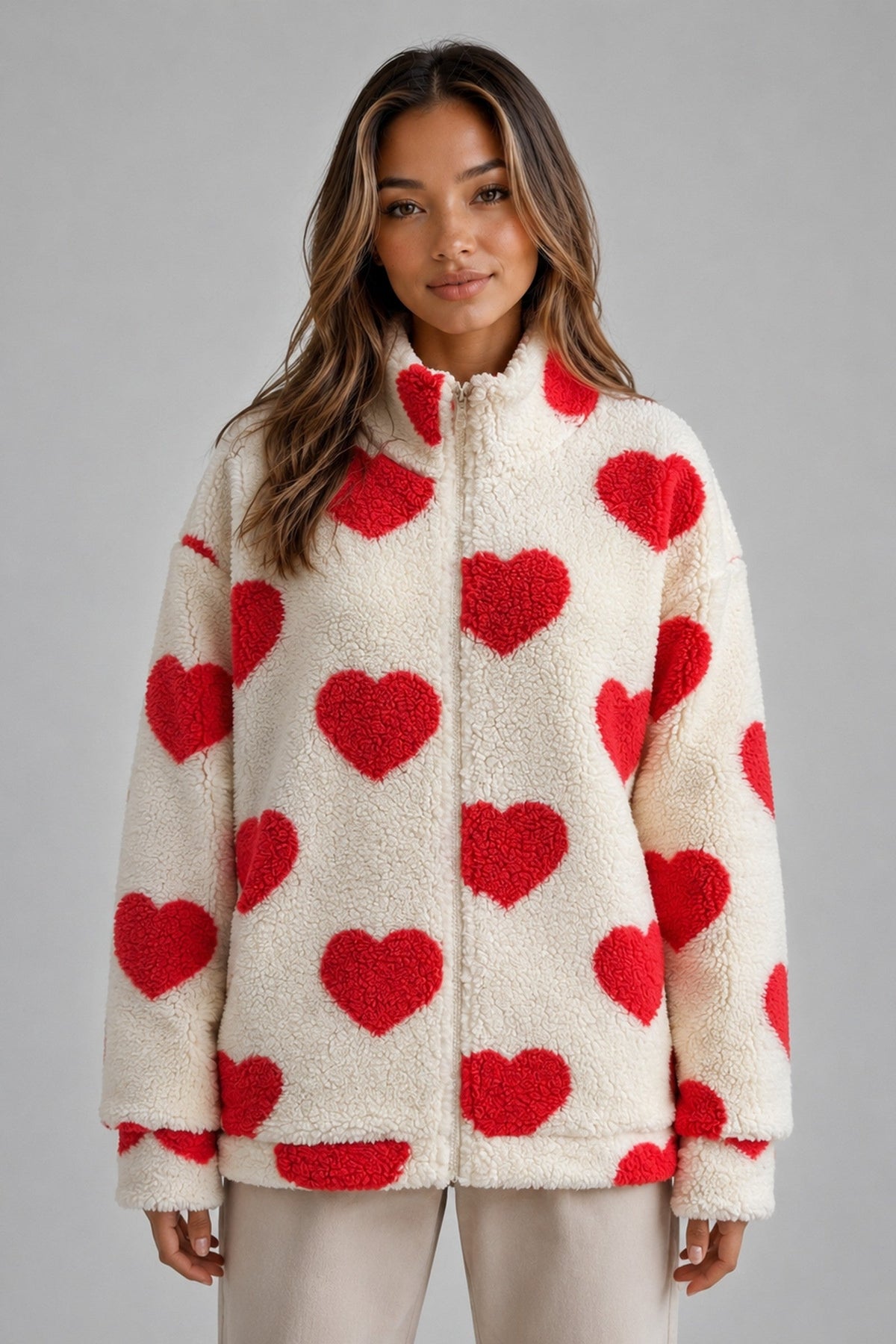 Jacket Women - Teddy Fleece Jacket with Heart Print and Full Zip