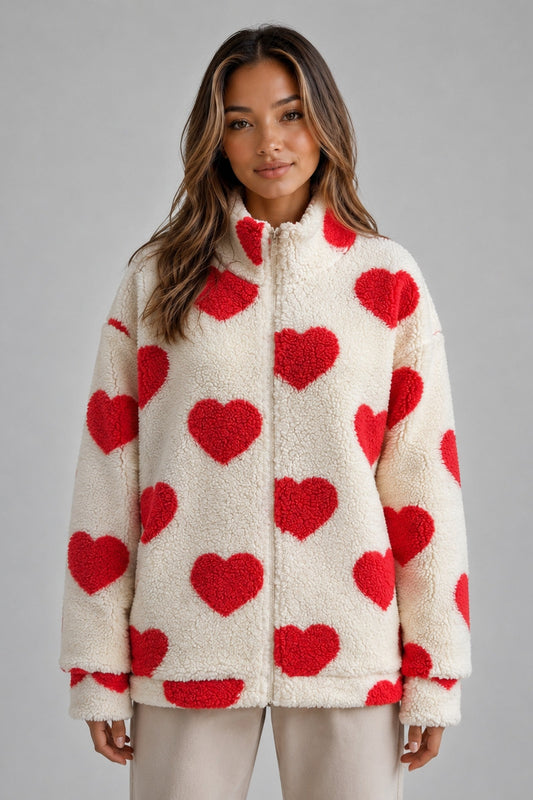 Jacket Women - Teddy Fleece Jacket with Heart Print and Full Zip