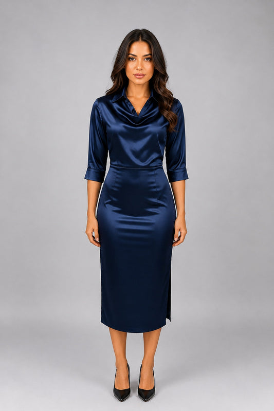 Midi Dress Women - Satin Look Midi Dress with Cowl Neckline
