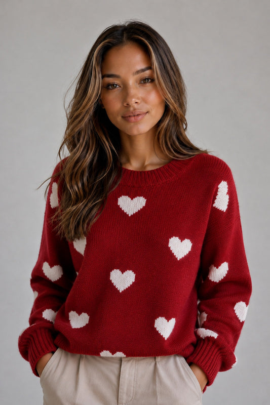 Jumper Women - Heart Print Knitted Jumper with Crew Neckline