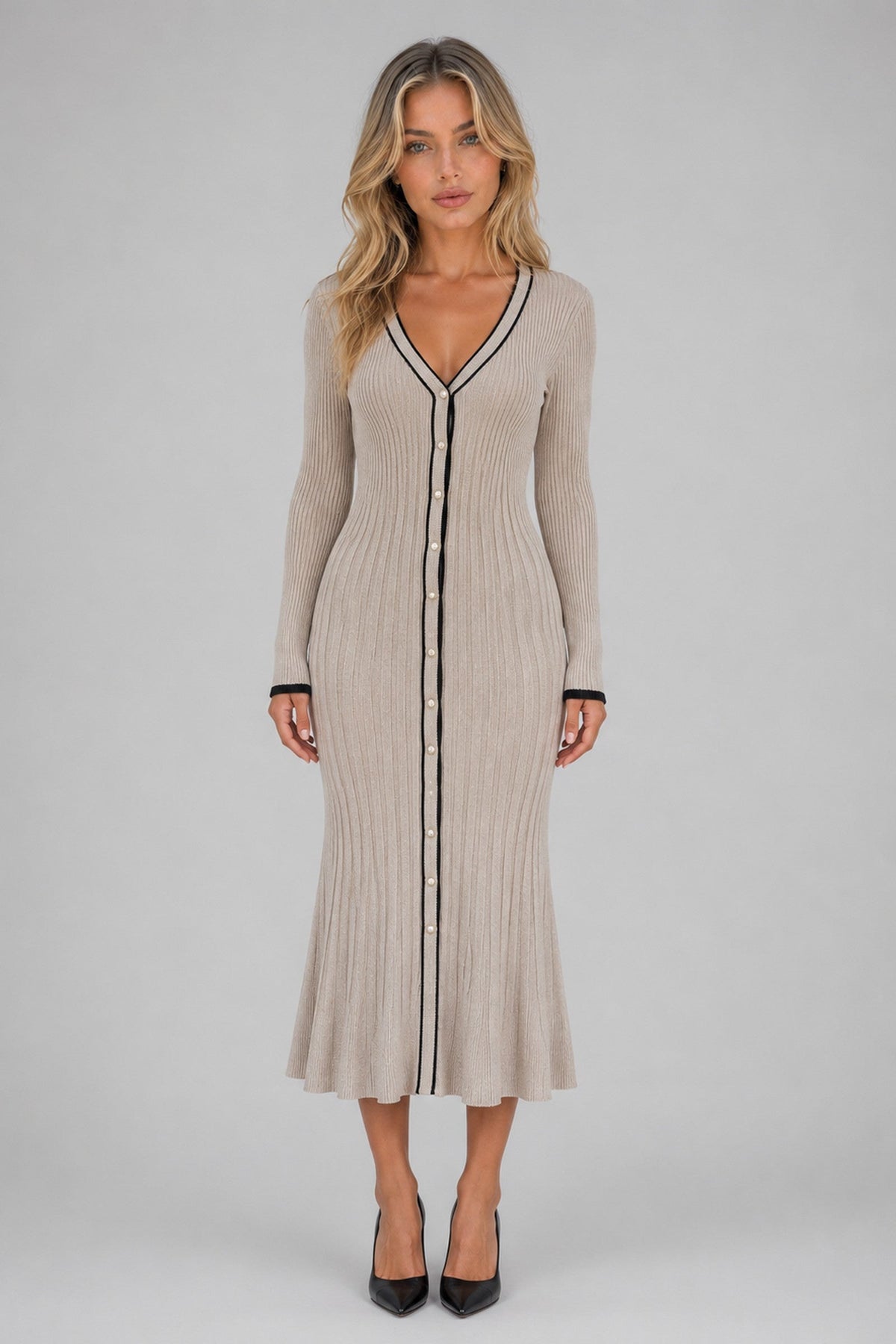 Midi Dress Women - Ribbed Button Front Midi Dress with V-Neckline