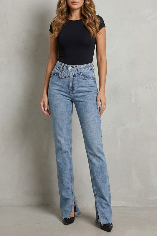 Jeans Women - High Rise Flare Jeans with Cross Waist Detail