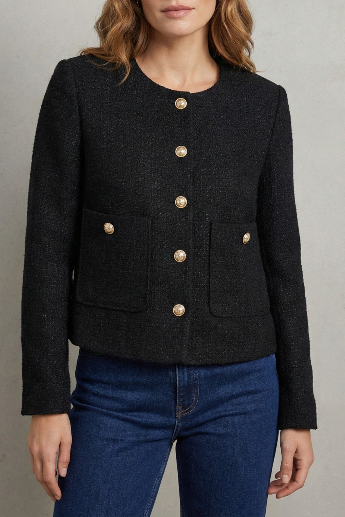 Blazer Women - Cropped Blazer with Round Neckline and Button Front