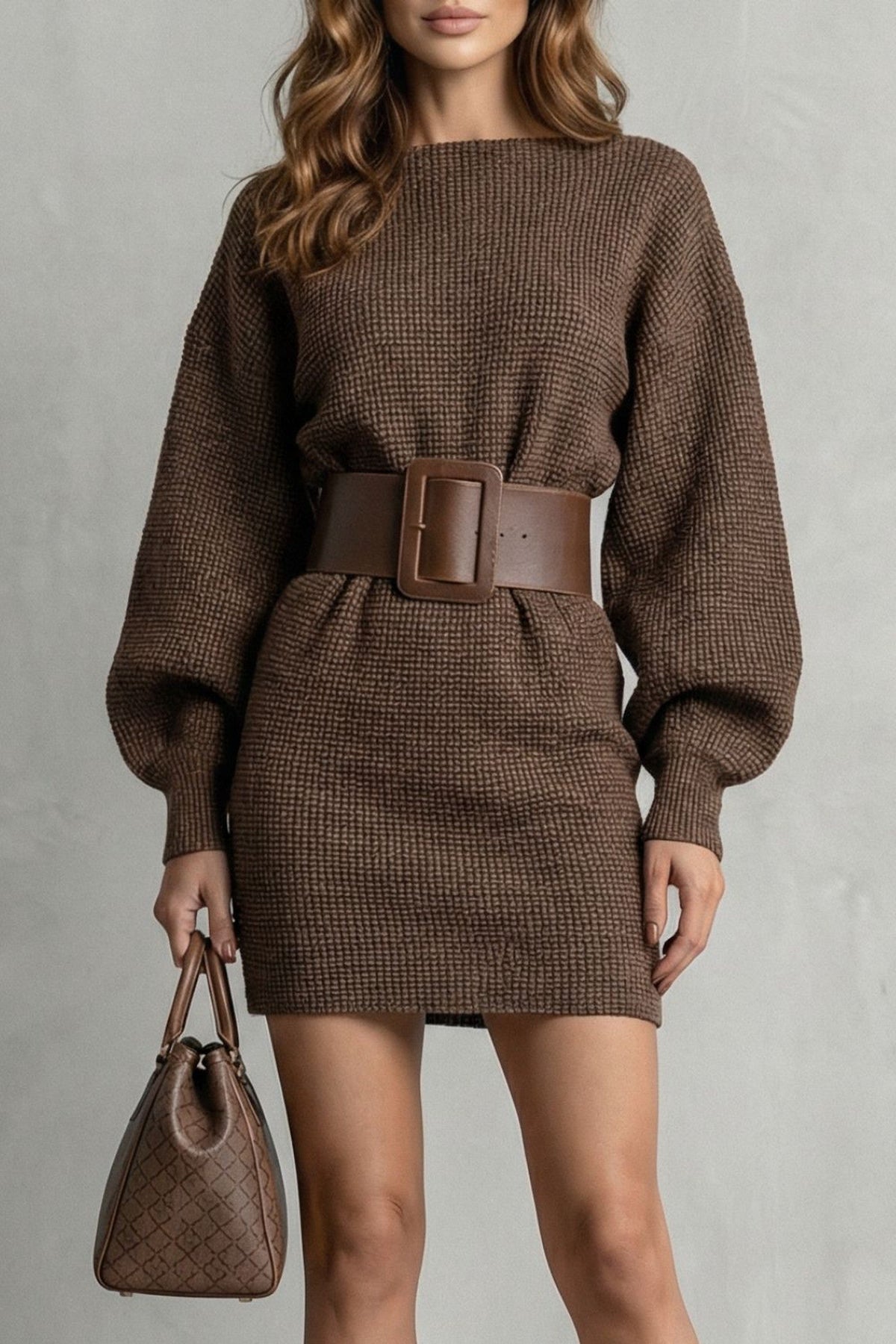 Mini Dress Women - Structured Knit Mini Dress with Balloon Sleeves