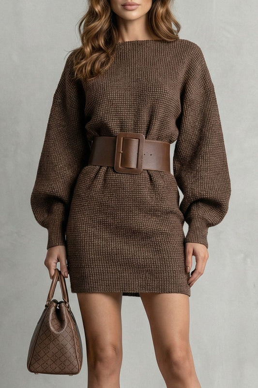 Mini Dress Women - Structured Knit Mini Dress with Balloon Sleeves