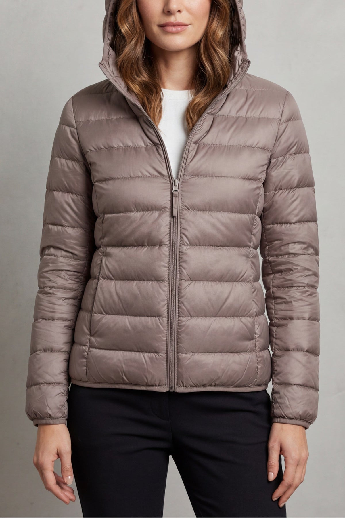 Jacket Women - Packable Puffer Jacket with Hood and Zip Front