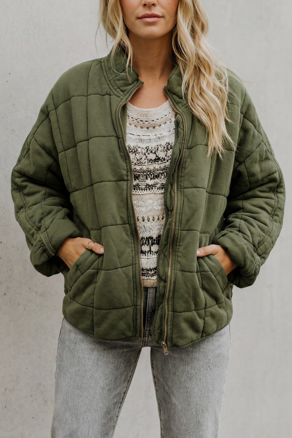 Jacket Women - Quilted Jacket with Grid Stitching and Fleece Lining