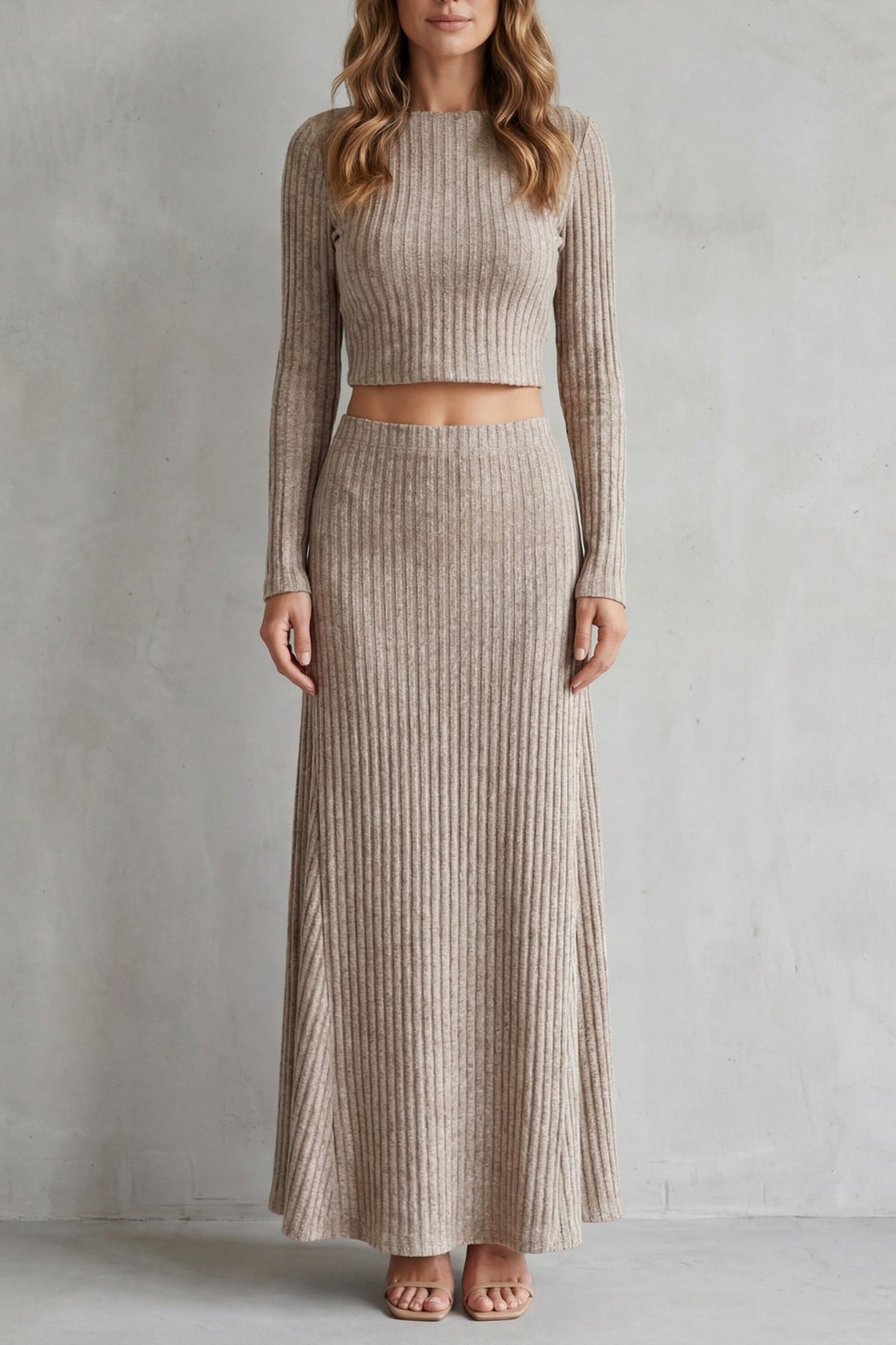 Set Women - Ribbed Knit Lounge Set with Long Sleeve Top