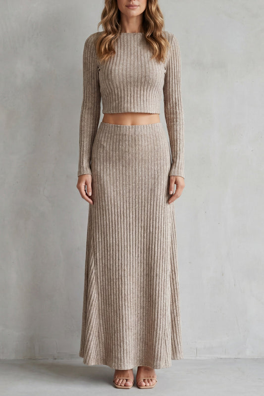 Set Women - Ribbed Knit Lounge Set with Long Sleeve Top