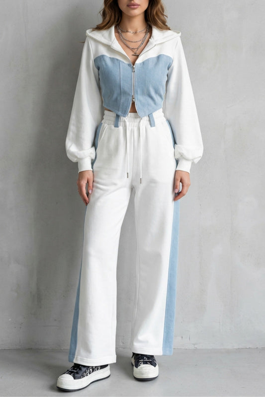 Set Women - Two-Piece Outfit with Cropped Hoodie and Denim Panels