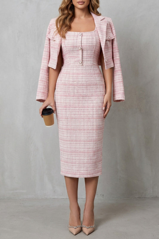 Set Women - Plaid Two-Piece Outfit with Midi Dress and Cropped Blazer