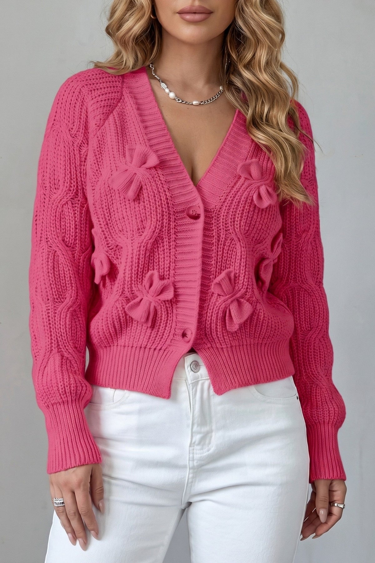 Cardigan Women - Bow Detail Knit Cardigan with Button Front