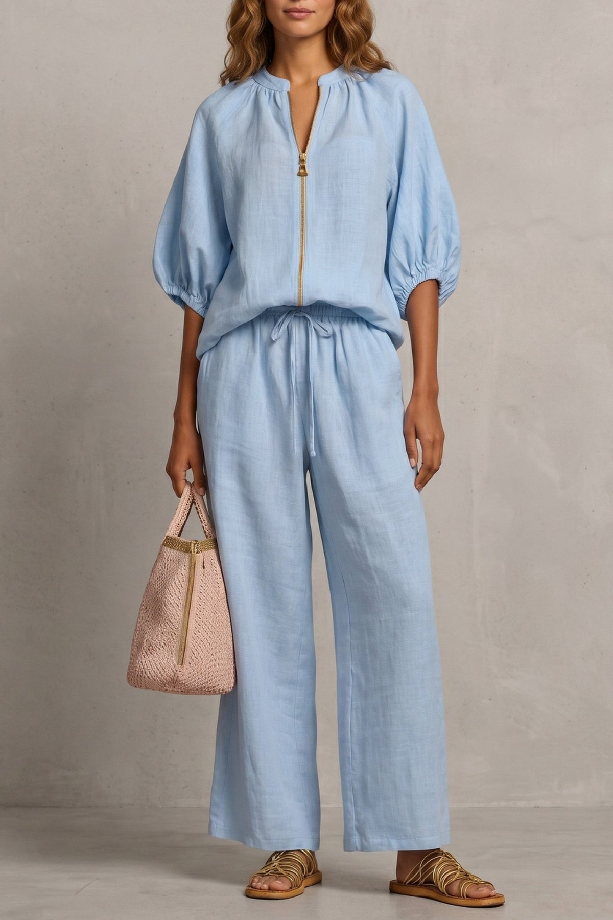 Set Women - Two-Piece Outfit with Zip Front Top and Wide Leg Trousers