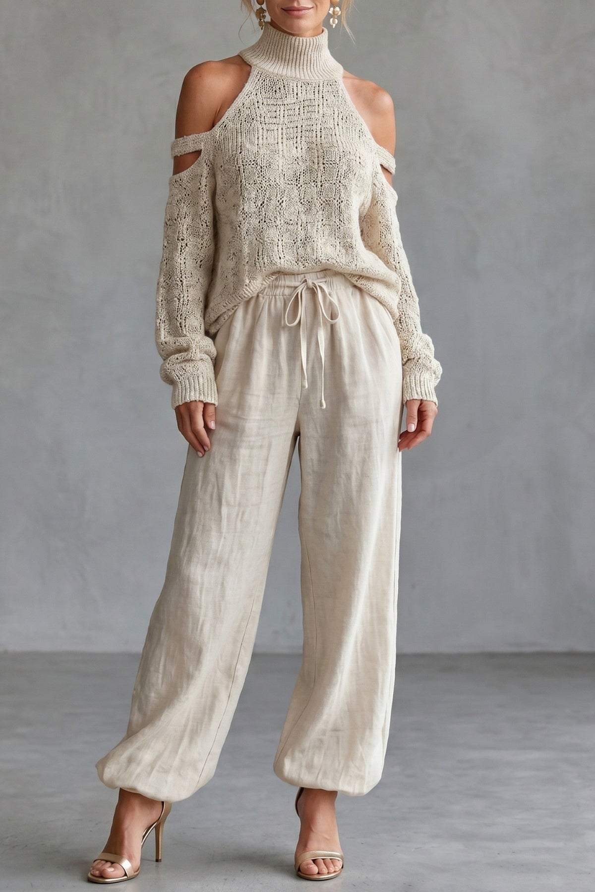 Set Women - Knit Two-Piece Outfit with Open Shoulder Top