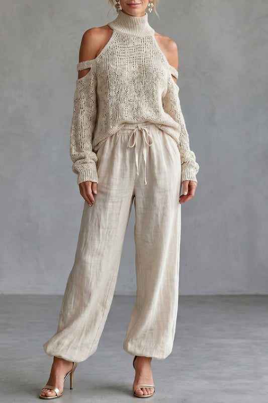 Set Women - Knit Two-Piece Outfit with Open Shoulder Top