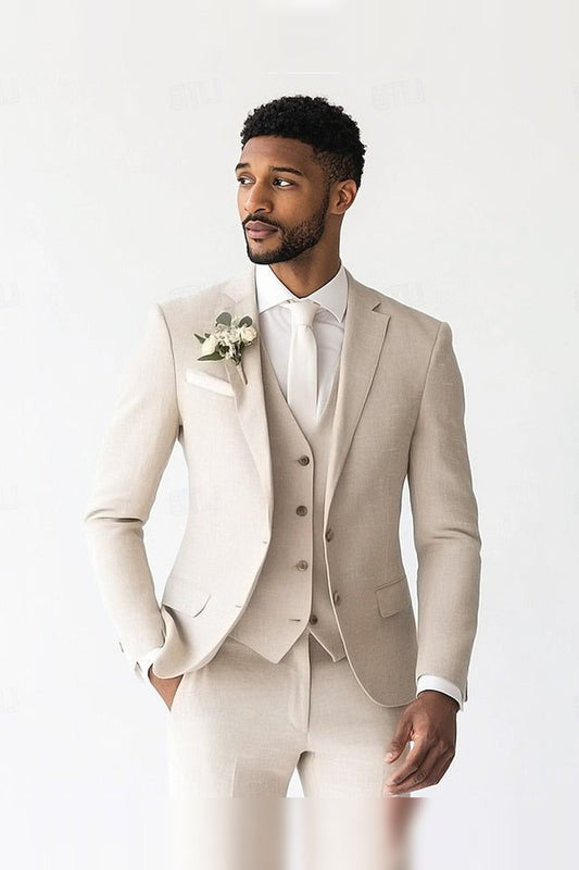 Suit Men - Linen Three-Piece Suit with Single-Breasted Jacket