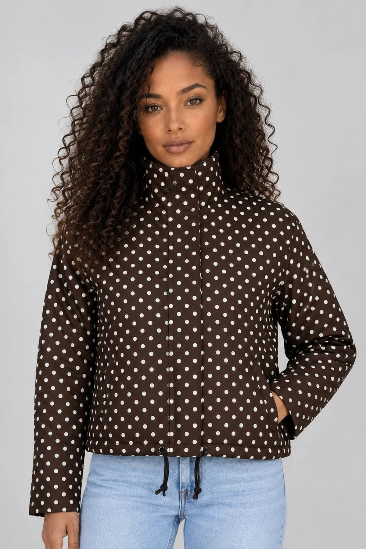 Jacket Women - Cropped Jacket with Polka Dot Print and High Neck