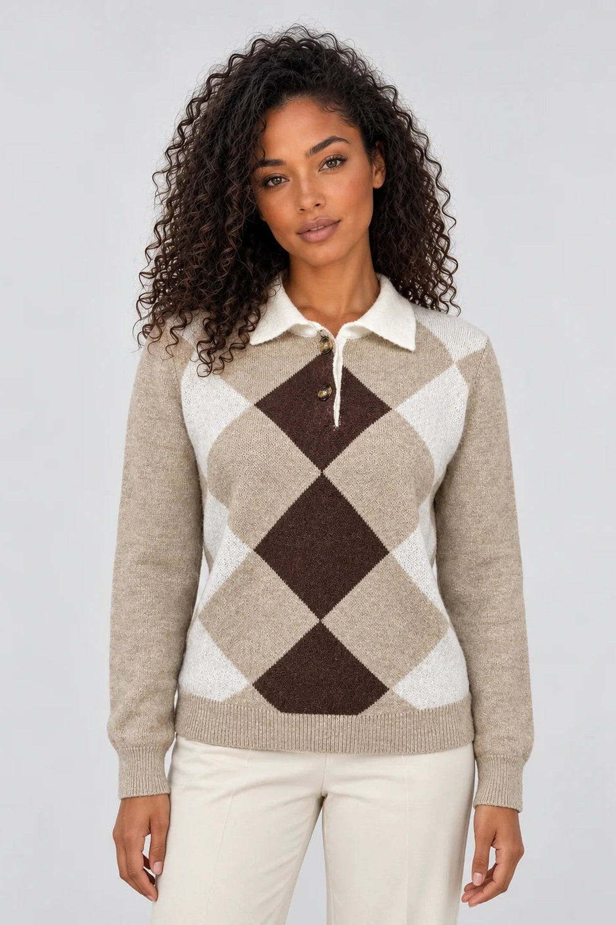 Jumper Women - Argyle Knit Jumper with Collared Neckline