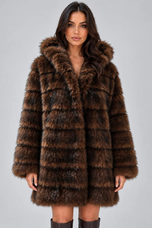 Coat Women - Hooded Faux Fur Coat with Wide Lapels