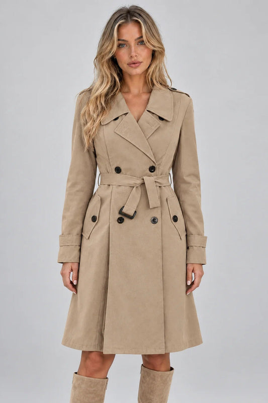 Coat Women - Double-Breasted Trench Coat with Belted Waist