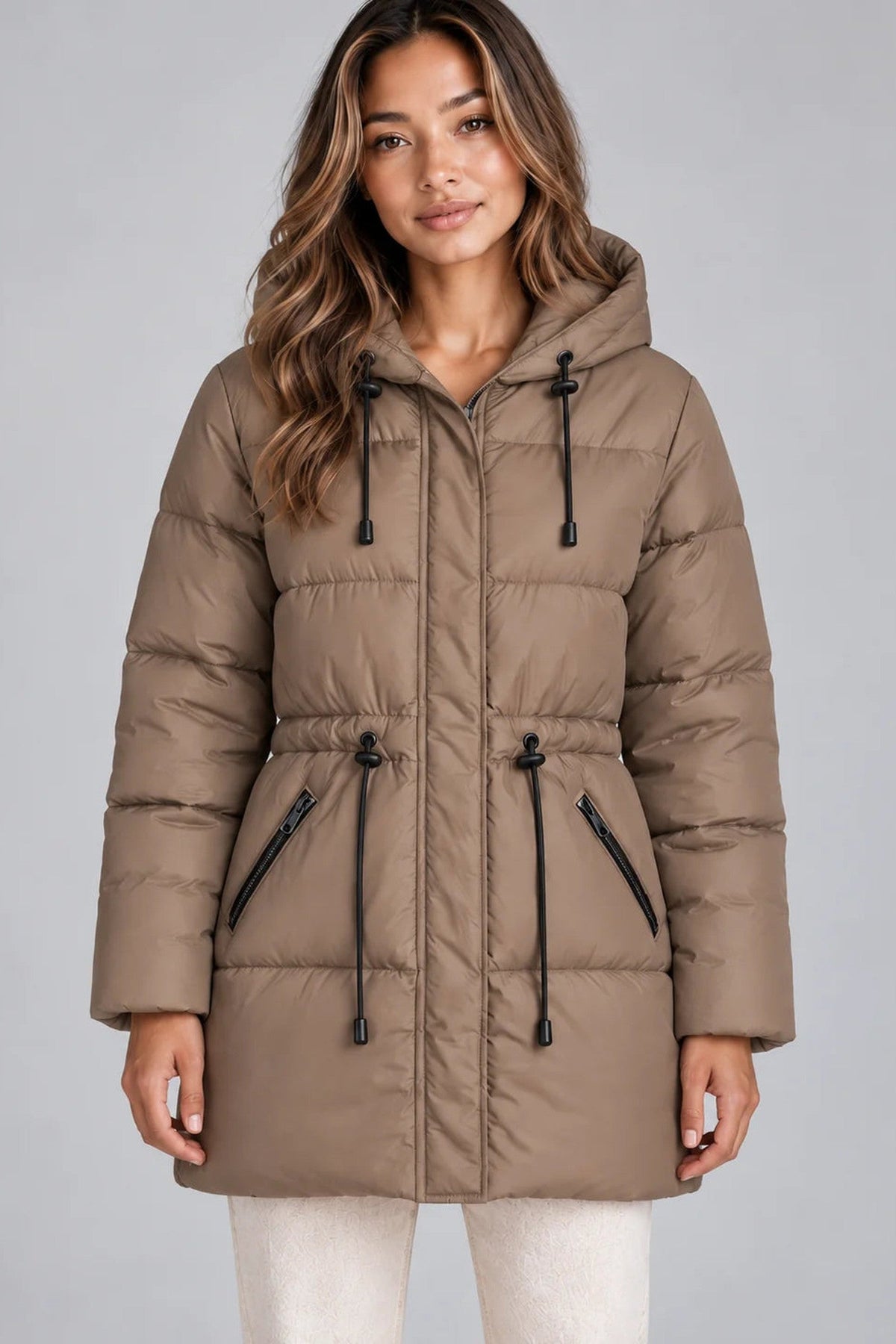 Jacket Women - Longline Hooded Puffer Jacket with Drawstring Waist