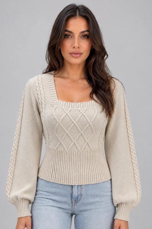 Jumper Women - Cable Knit Jumper with Square Neckline and Balloon Sleeves