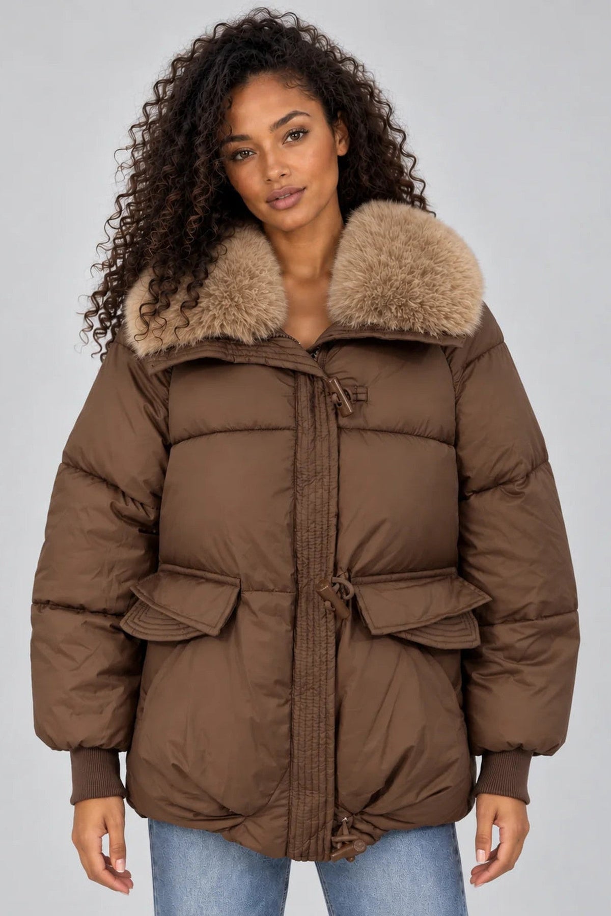 Jacket Women - Puffer Jacket with Faux Fur Collar