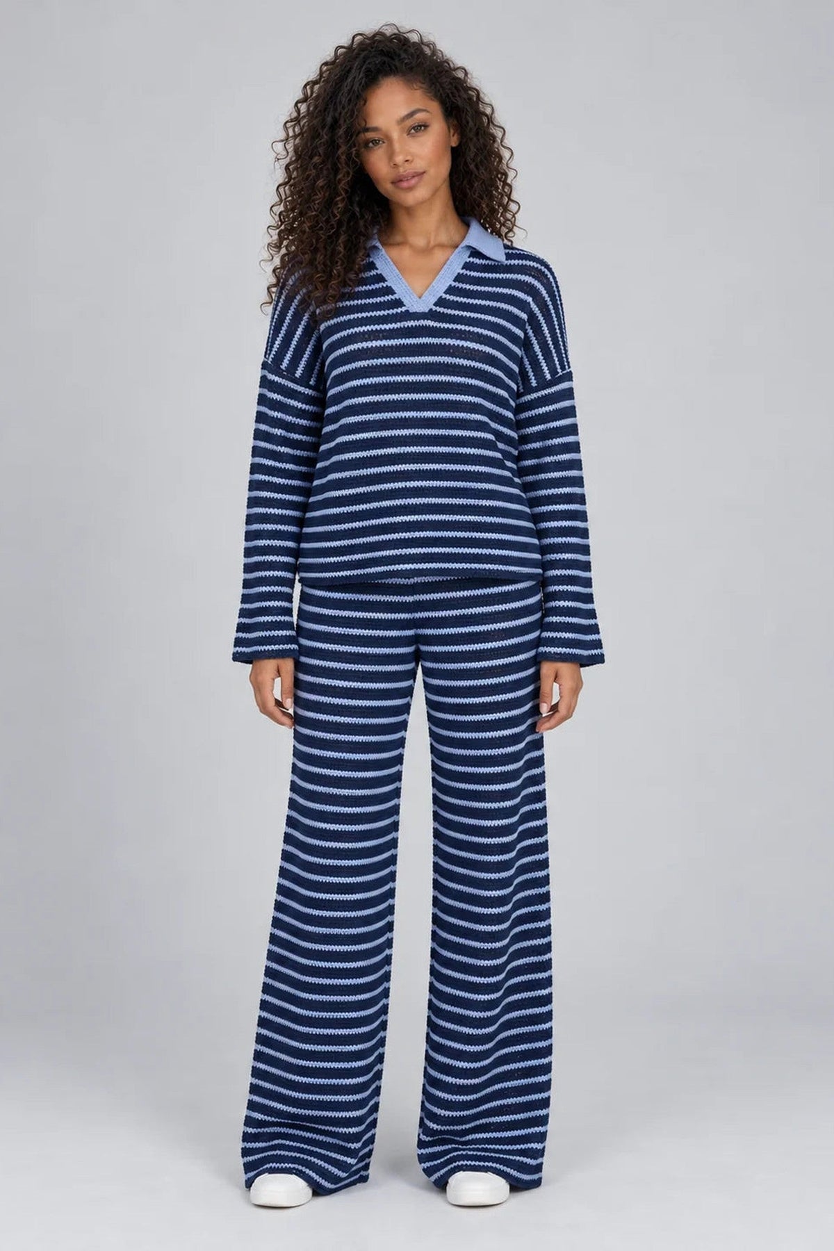 Lounge Set Women - Striped Knit Lounge Set with Wide Leg Trousers