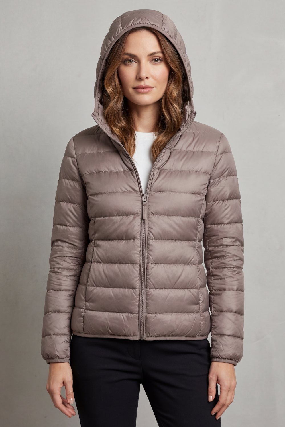 Jacket Women - Packable Puffer Jacket with Hood and Zip Front
