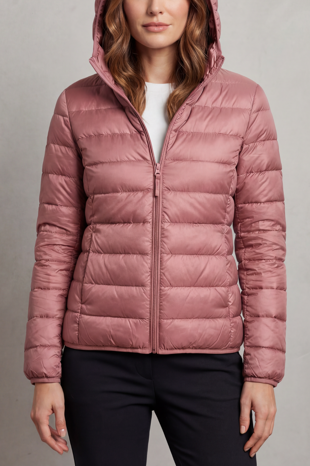Jacket Women - Packable Puffer Jacket with Hood and Zip Front