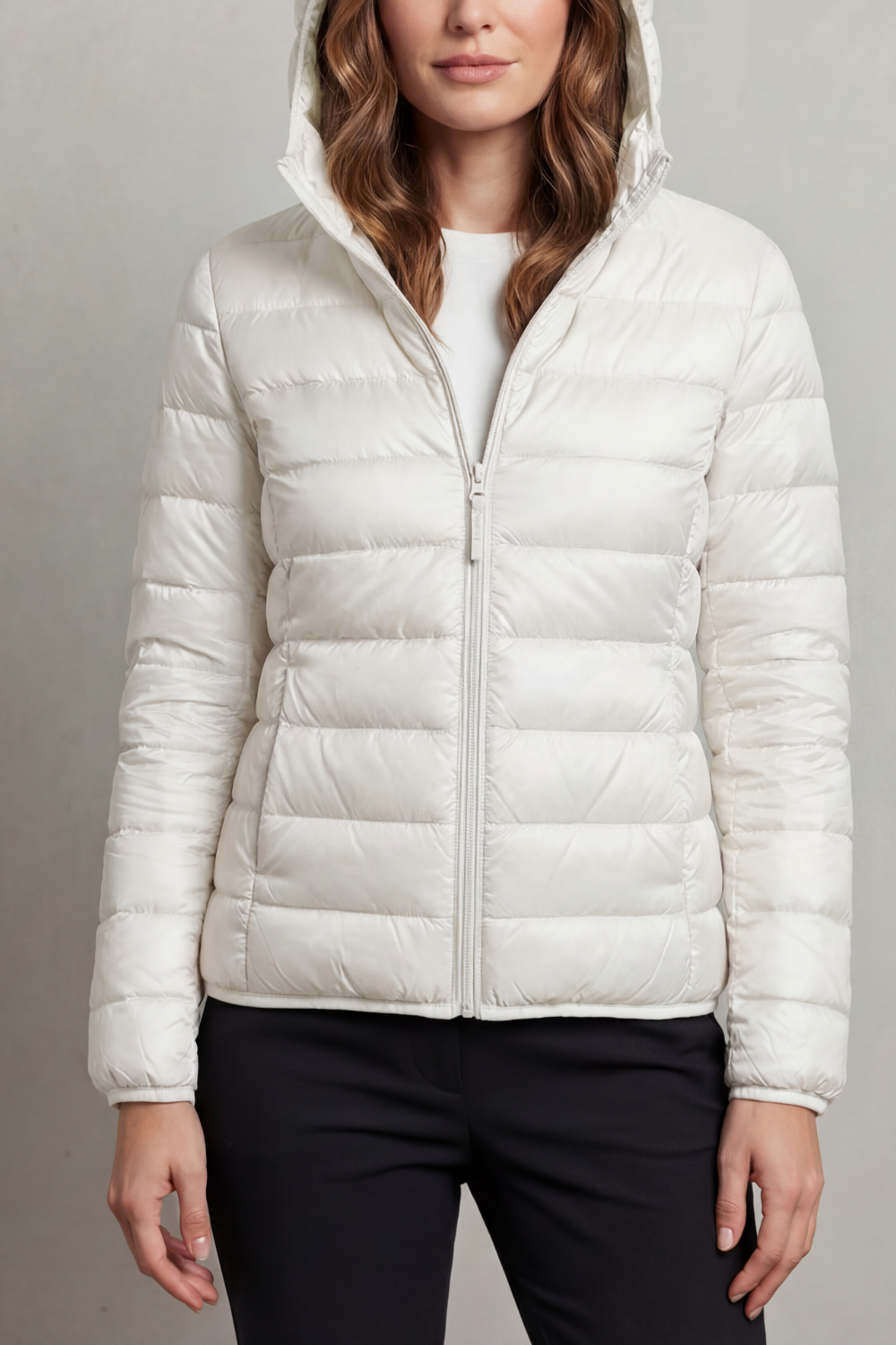 Jacket Women - Packable Puffer Jacket with Hood and Zip Front