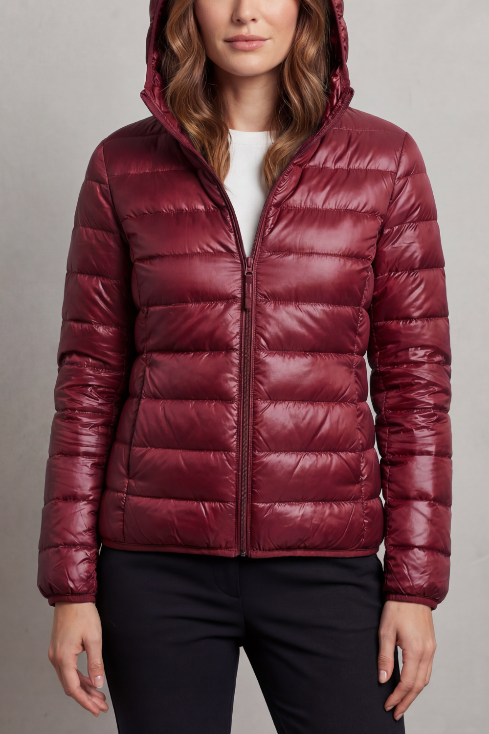 Jacket Women - Packable Puffer Jacket with Hood and Zip Front