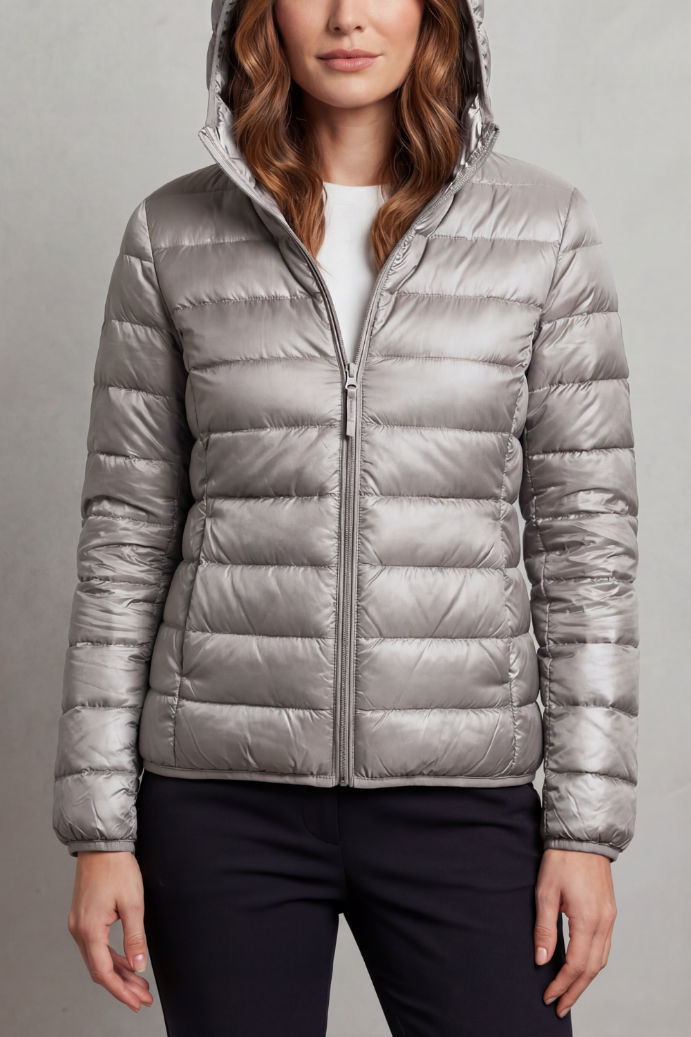 Jacket Women - Packable Puffer Jacket with Hood and Zip Front