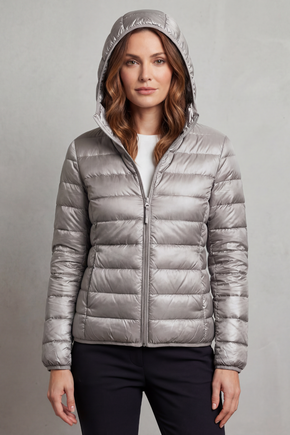 Jacket Women - Packable Puffer Jacket with Hood and Zip Front