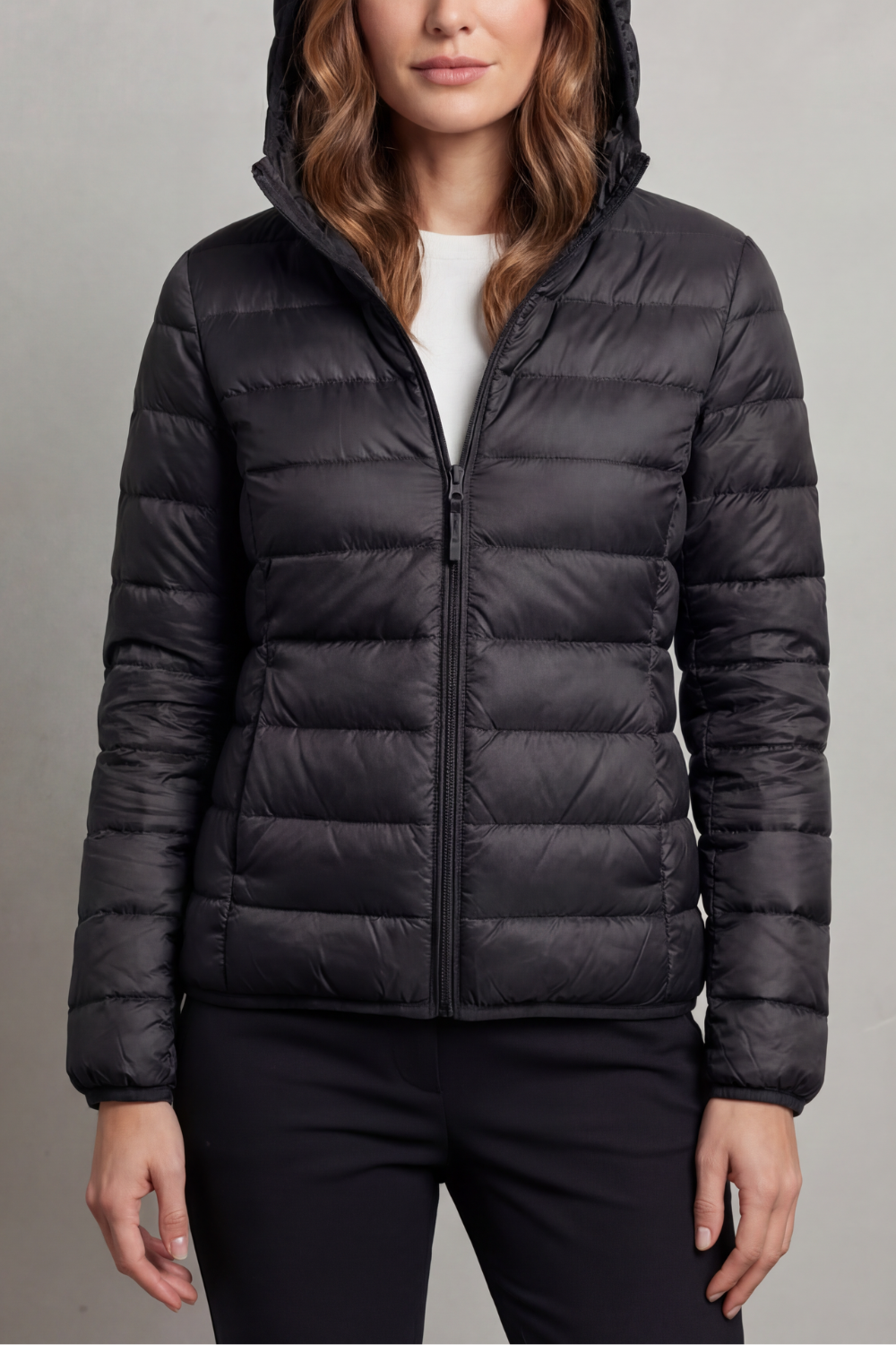 Jacket Women - Packable Puffer Jacket with Hood and Zip Front