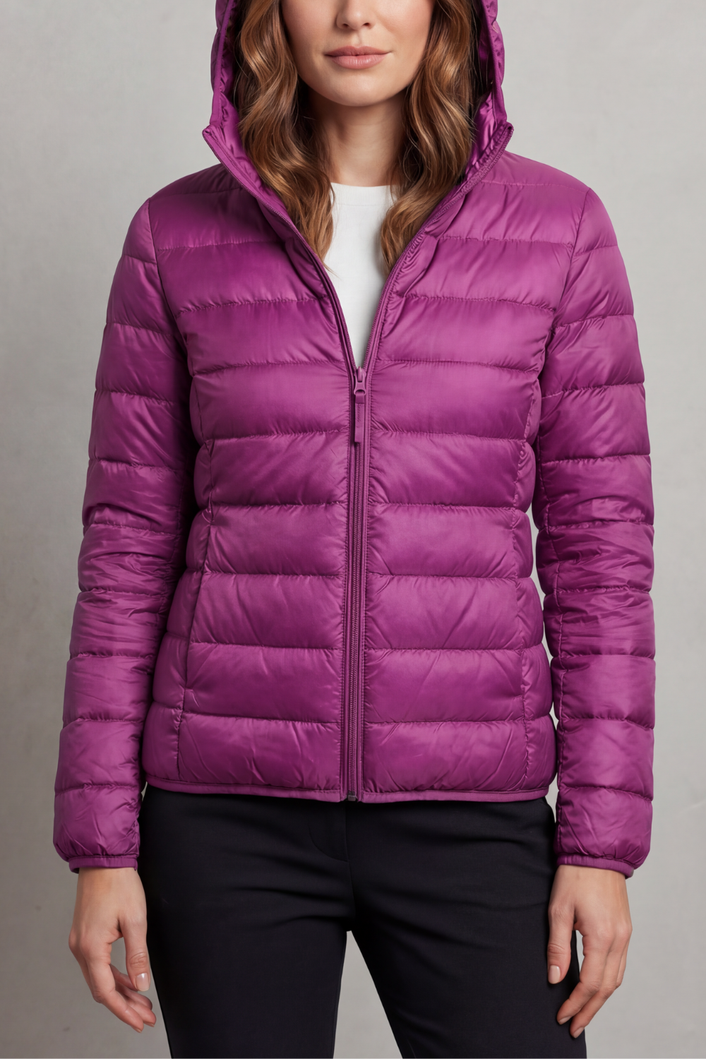 Jacket Women - Packable Puffer Jacket with Hood and Zip Front