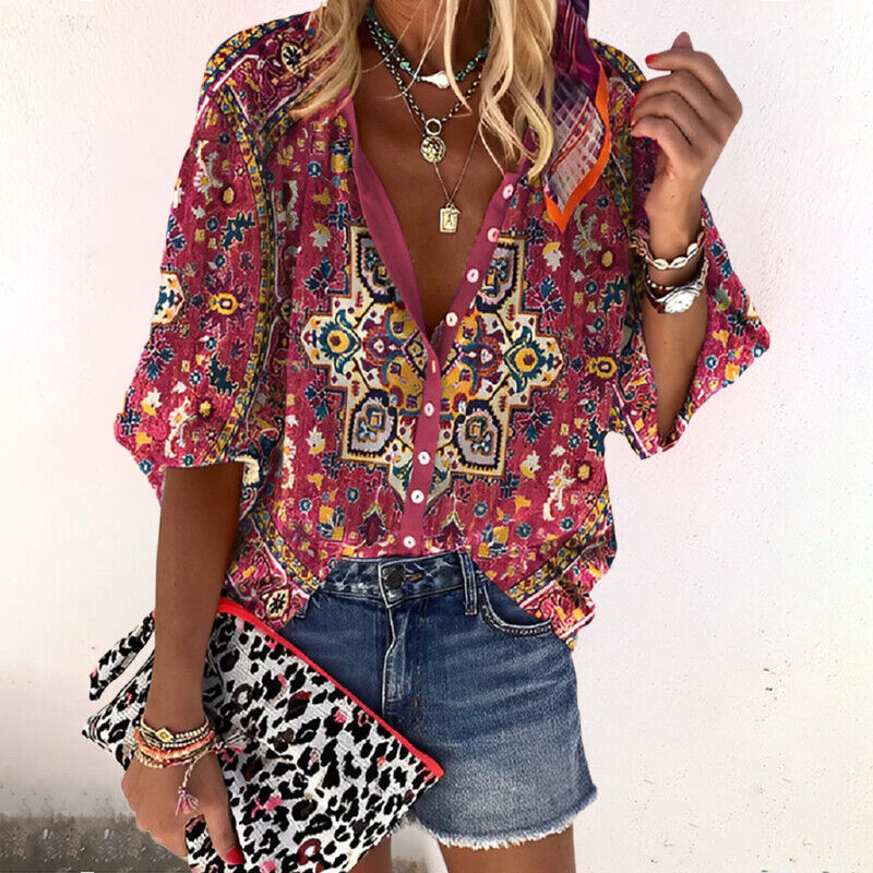 Blouse Women - Boho Floral Blouse with Flared Sleeves