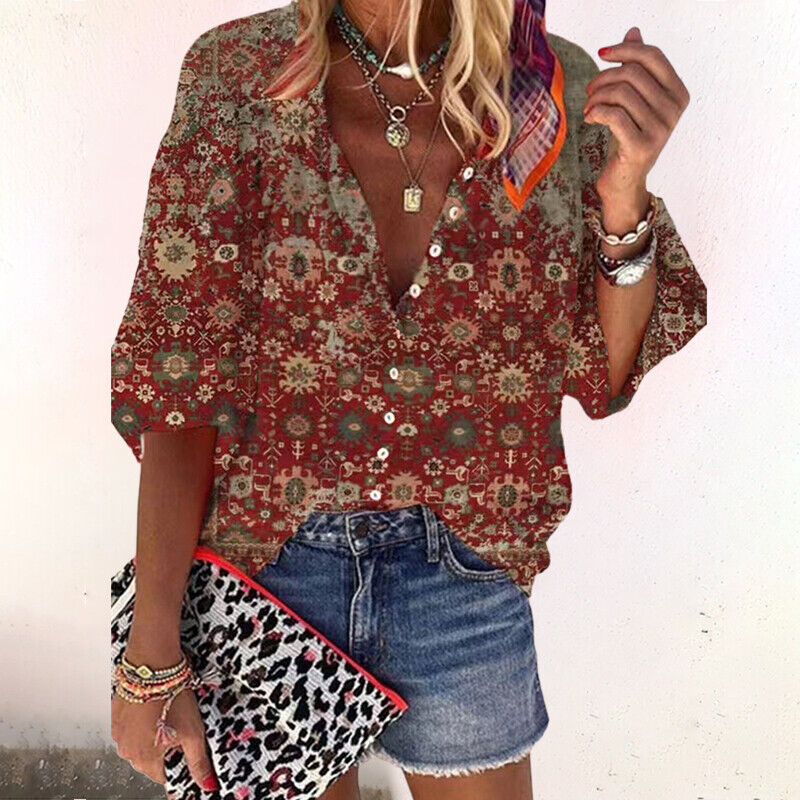 Blouse Women - Boho Floral Blouse with Flared Sleeves