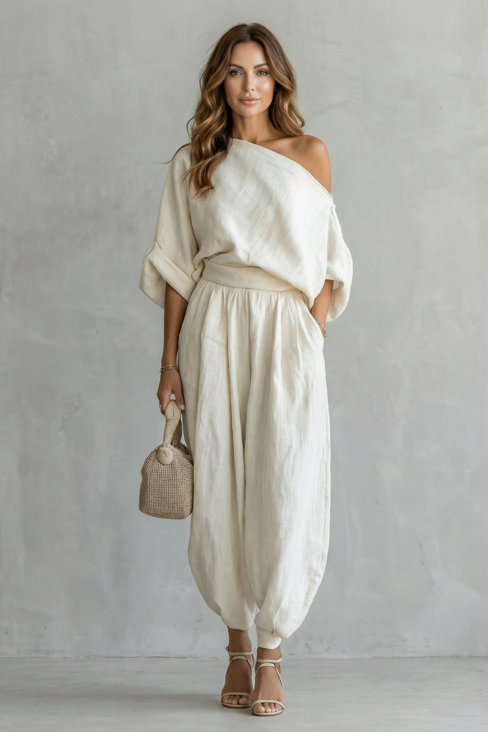 Set Women - Off Shoulder Two-Piece Outfit with Tapered Trousers