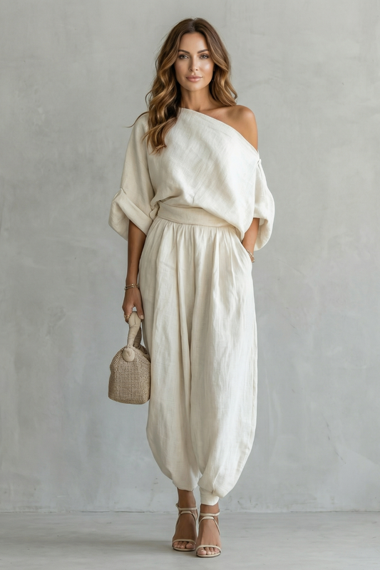 Set Women - Off Shoulder Two-Piece Outfit with Tapered Trousers