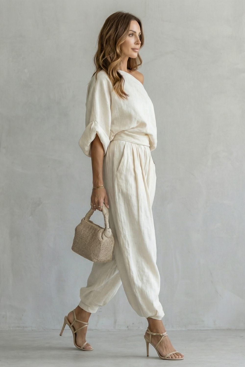 Set Women - Off Shoulder Two-Piece Outfit with Tapered Trousers