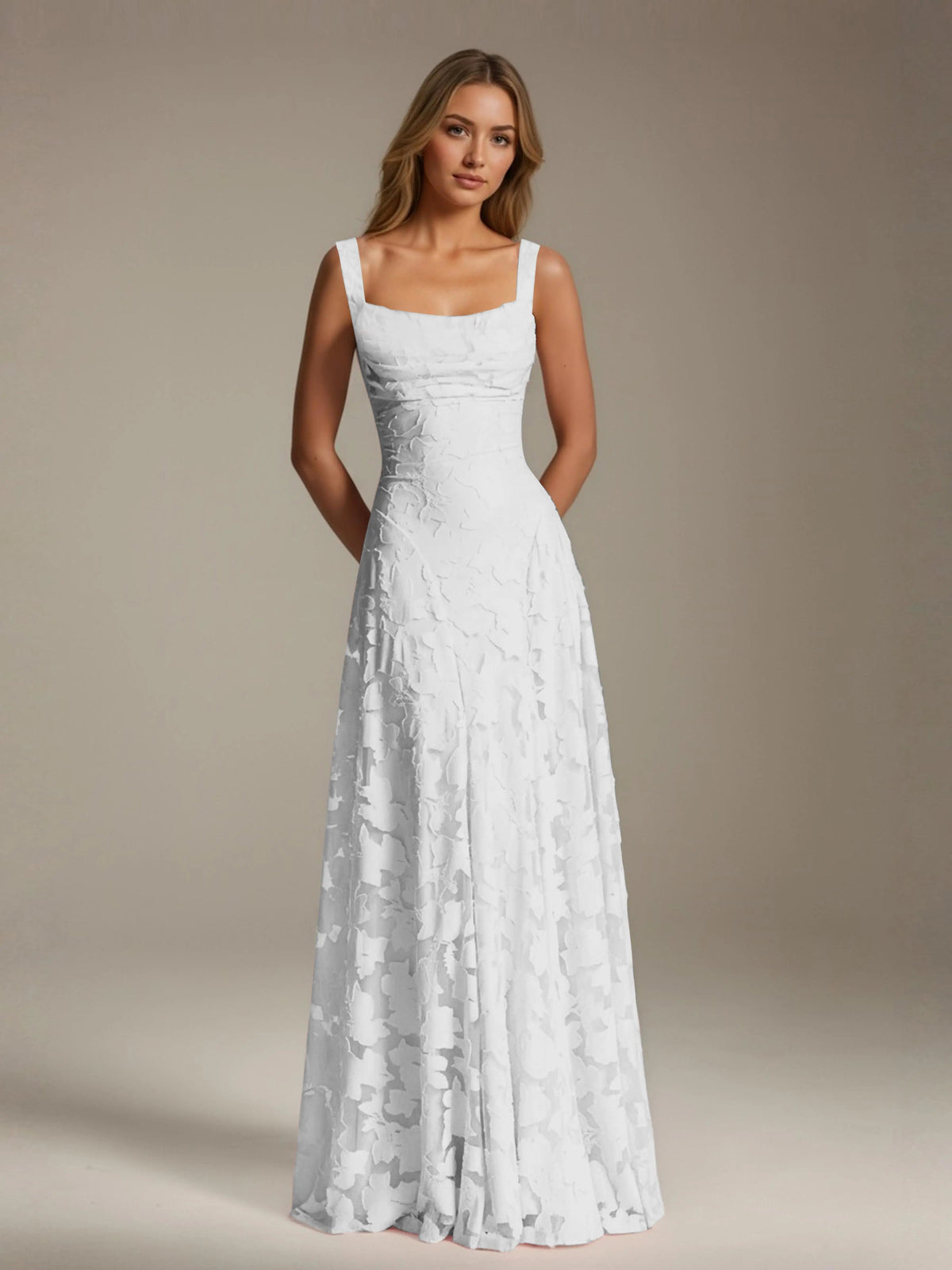 Maxi Dress Women - Floral Lace Maxi Dress with Square Neckline