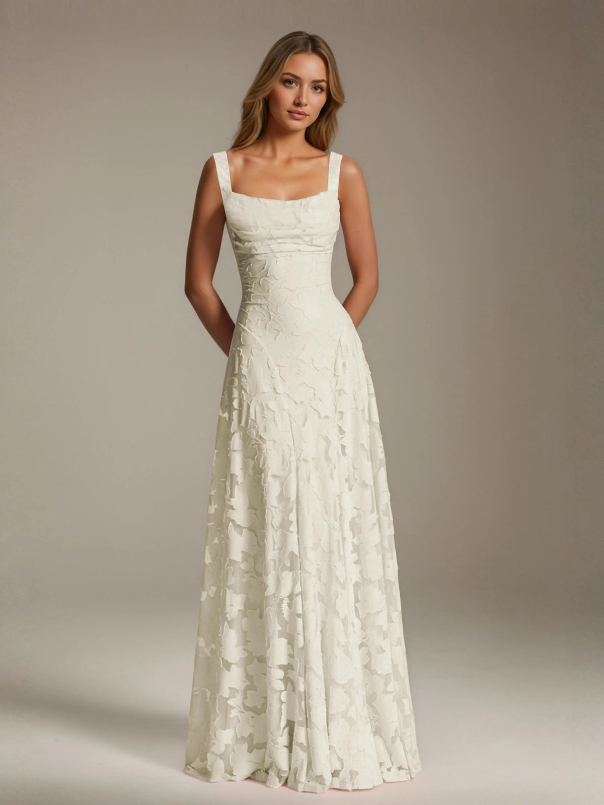 Maxi Dress Women - Floral Lace Maxi Dress with Square Neckline